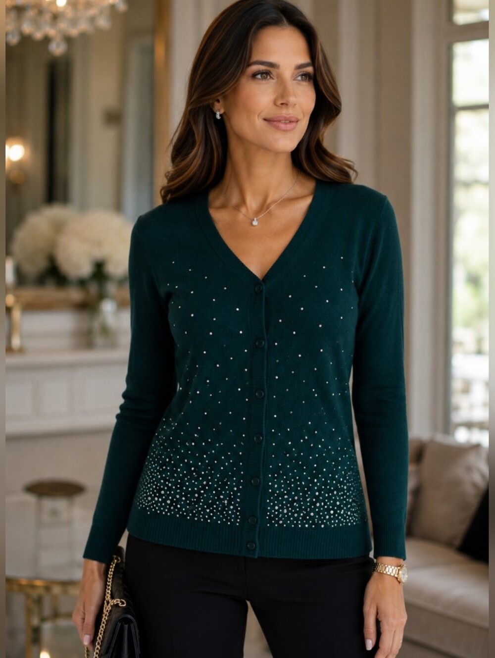 Bestow Green V neck Cardigan Sweater Top with Crystal Embellishments Size M